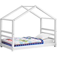[en.casa] Cama para niños de Pino 70 x 140 cm Cama Infantil Forma de casa en Color Blanco Mate